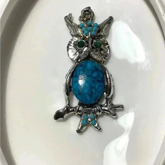 Vintage Silver Tone Owl Necklace Faux Turquoise Belly Bead Rhinestone Pendant - Picture 2 of 5